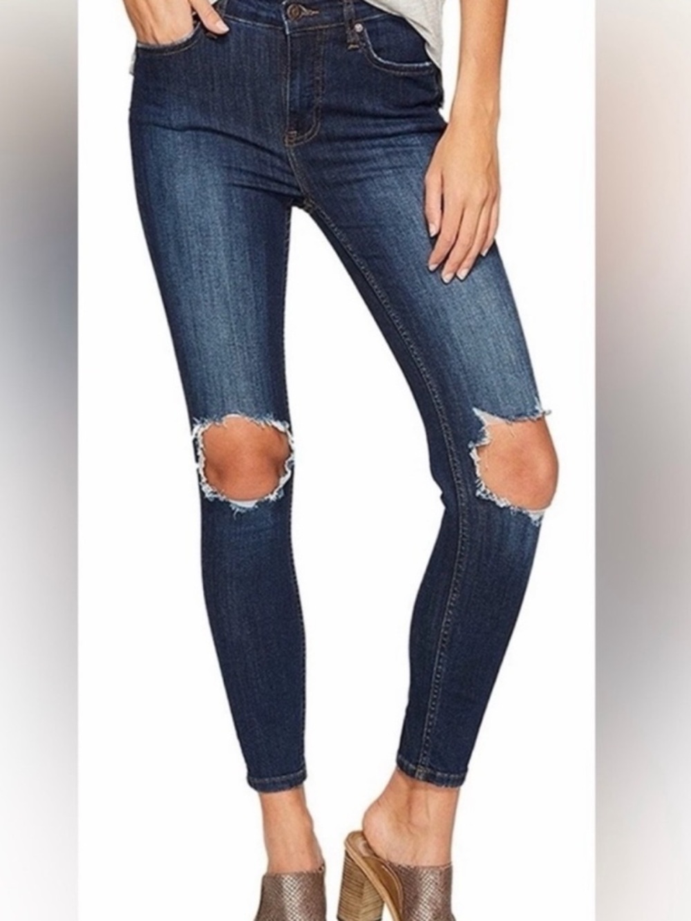 Free People Dark Blue Distressed blown out knee Skinny Jeans 28